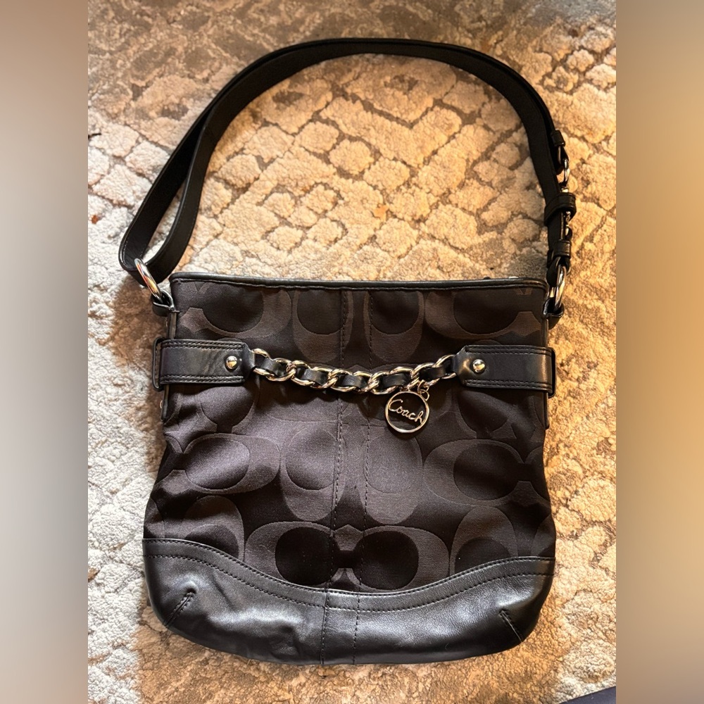Coach Black Signature Hobo Bag with Leather Trim and Chain Detail